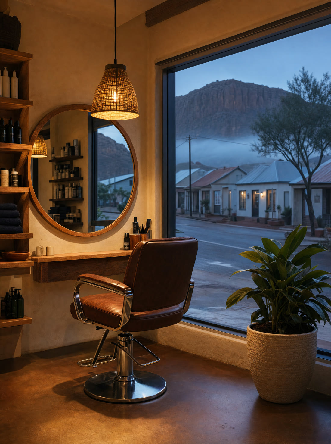 An empty hair salon chair facing a round mirror, waiting for the first client of the day