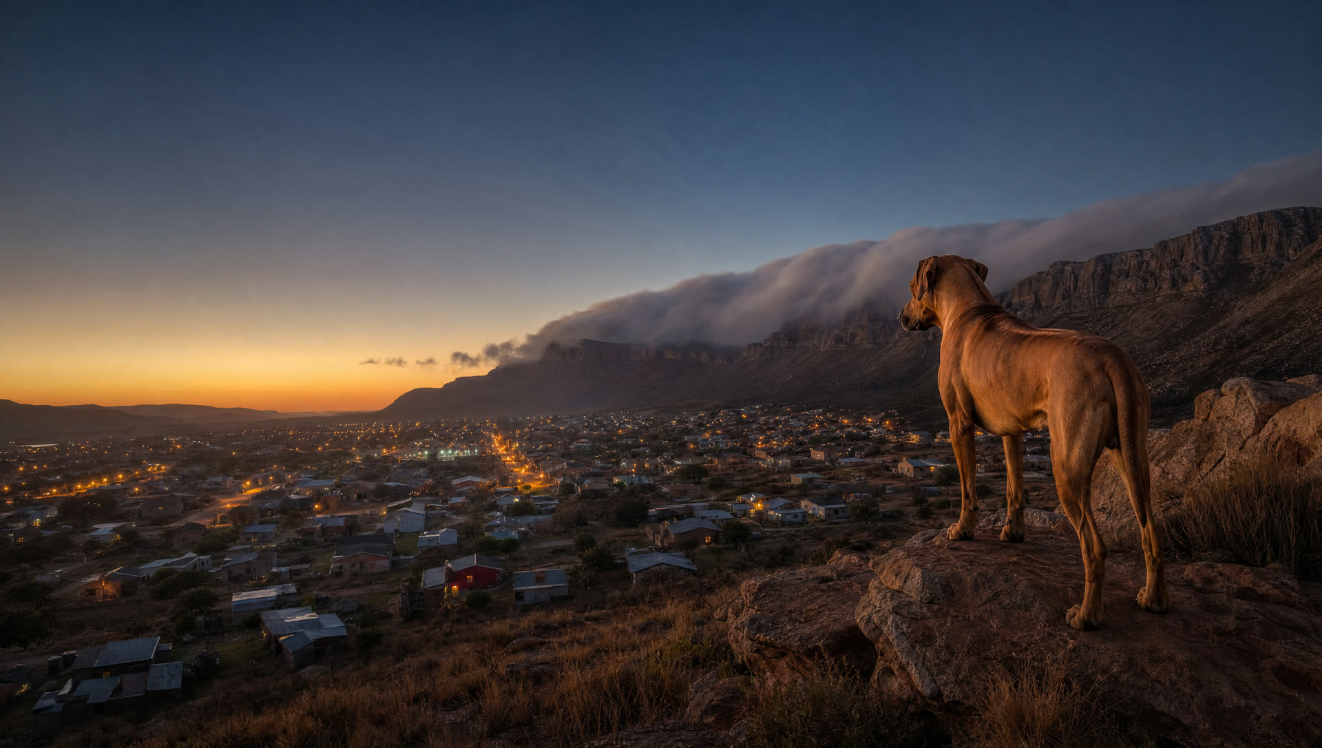 A Rhodesian Ridgeback standing on a rocky hill at dawn, looking over a town in the valley