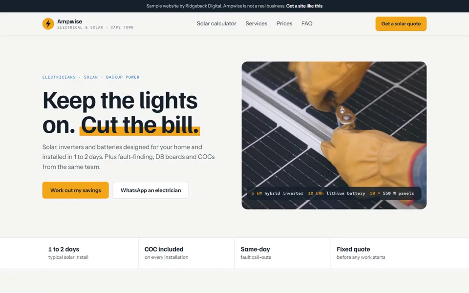 Homepage of a sample electrician and solar website with the headline Keep the lights on. Cut the bill.