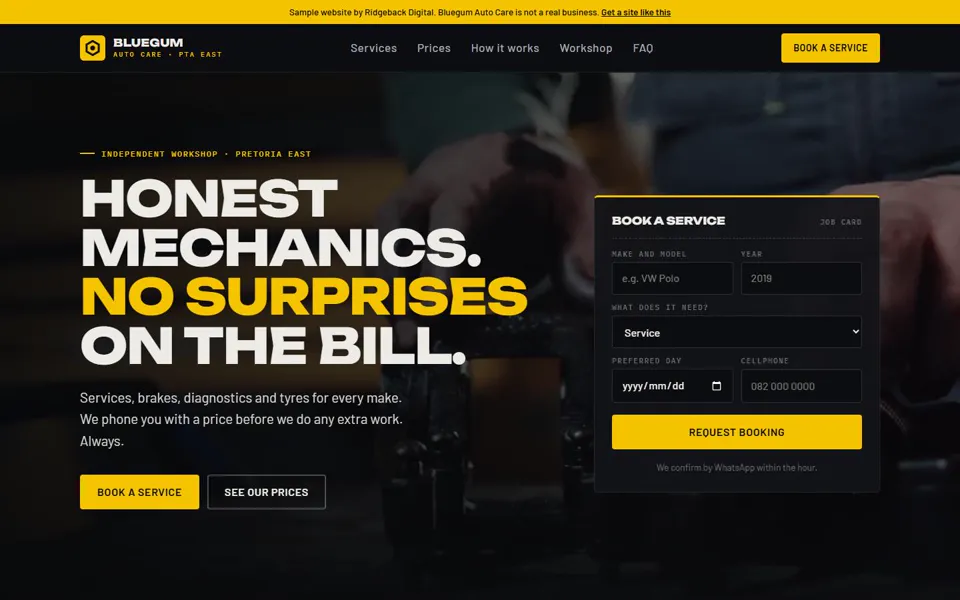 Homepage of a sample mechanic website with the headline Honest mechanics. No surprises on the bill.