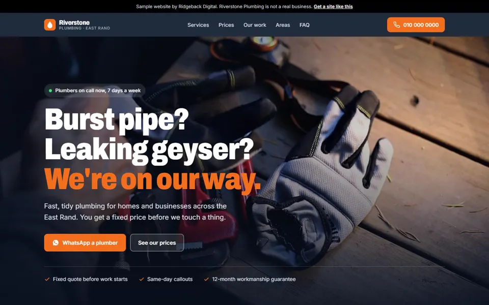 Homepage of a sample plumber website with the headline Burst pipe? Leaking geyser? We're on our way.