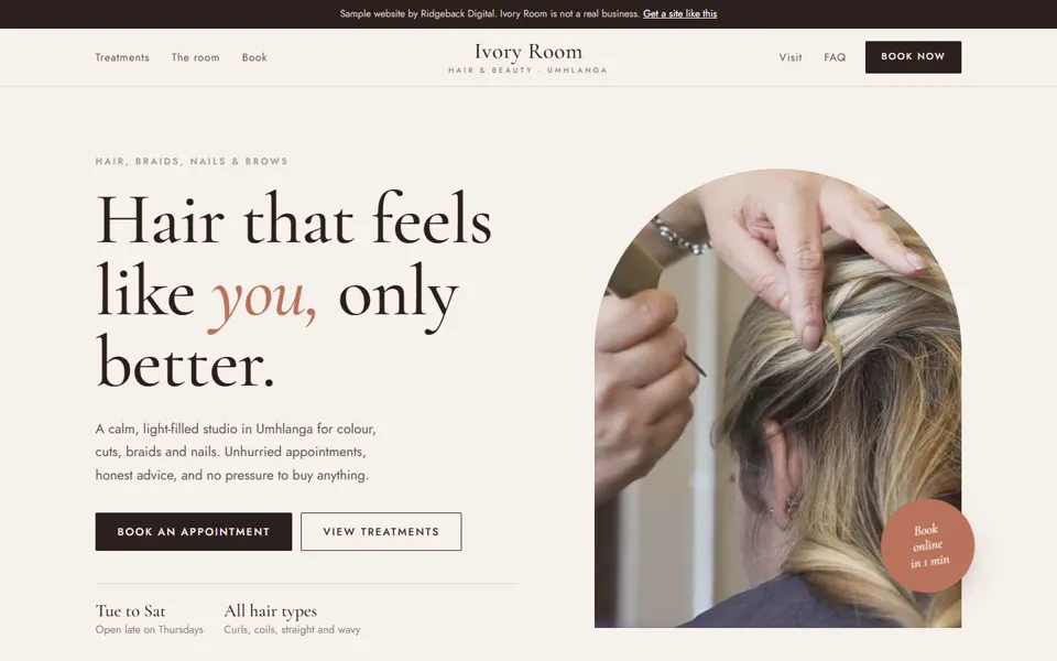 Homepage of a sample salon website with the headline Hair that feels like you, only better.